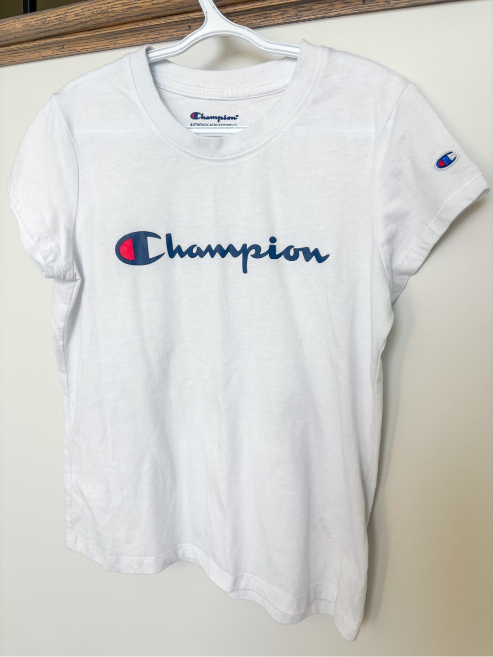 Champion White Short-Sleeve Logo Tee with Navy & Red Accents